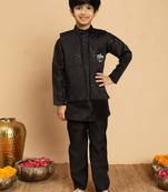 Boys cotton silk geometric sequined embroidered kurta & pyjama set with shrug- black