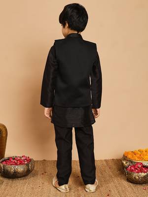 Boys cotton silk geometric sequined embroidered kurta & pyjama set with shrug- black 2