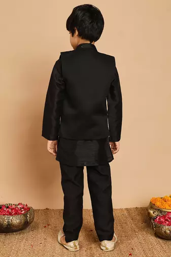 Boys cotton silk geometric sequined embroidered kurta & pyjama set with shrug- black