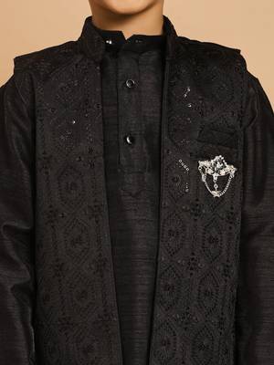 Boys cotton silk geometric sequined embroidered kurta & pyjama set with shrug- black 3