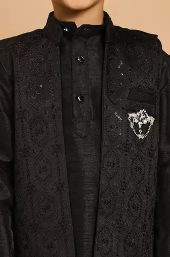 Boys cotton silk geometric sequined embroidered kurta & pyjama set with shrug- black