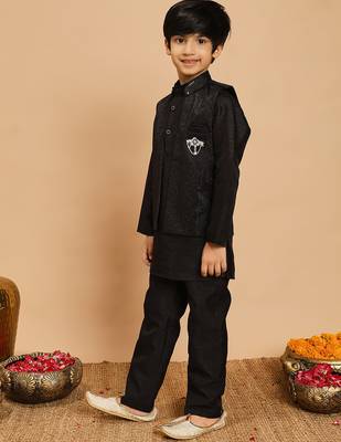 Boys cotton silk geometric sequined embroidered kurta & pyjama set with shrug- black 4