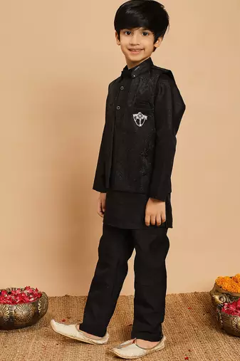 Boys cotton silk geometric sequined embroidered kurta & pyjama set with shrug- black