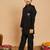 Boys cotton silk geometric sequined embroidered kurta & pyjama set with shrug- black