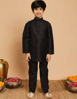 Boys cotton silk geometric sequined embroidered kurta & pyjama set with shrug- black 5