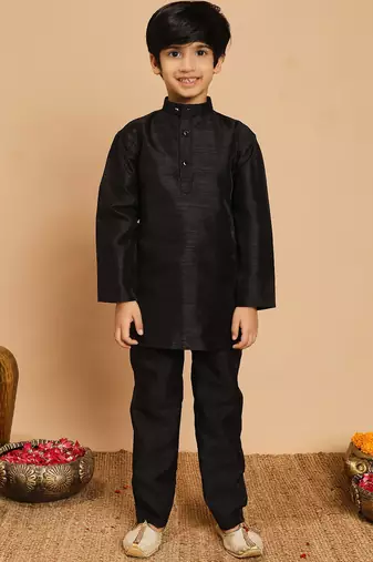Boys cotton silk geometric sequined embroidered kurta & pyjama set with shrug- black