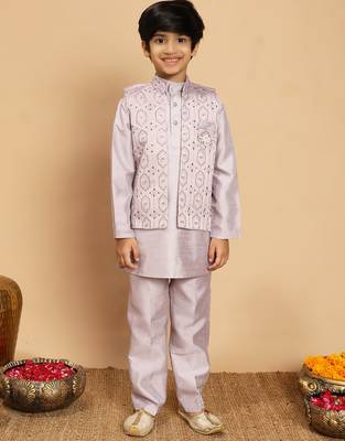 Boys cotton silk geometric sequined embroidered kurta & pyjama set with shrug- lavender 1