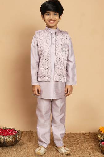Boys cotton silk geometric sequined embroidered kurta & pyjama set with shrug- lavender