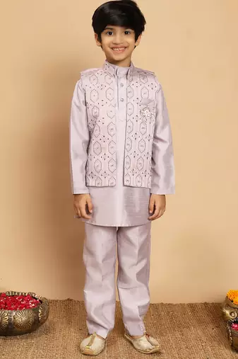 Boys cotton silk geometric sequined embroidered kurta & pyjama set with shrug- lavender