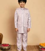 Boys cotton silk geometric sequined embroidered kurta & pyjama set with shrug- lavender