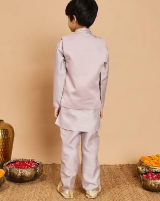 Boys cotton silk geometric sequined embroidered kurta & pyjama set with shrug- lavender 2