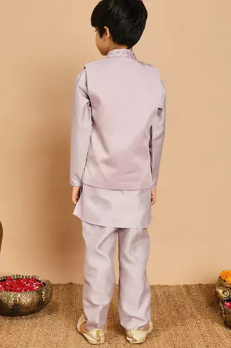 Boys cotton silk geometric sequined embroidered kurta & pyjama set with shrug- lavender
