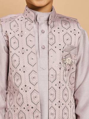 Boys cotton silk geometric sequined embroidered kurta & pyjama set with shrug- lavender 3