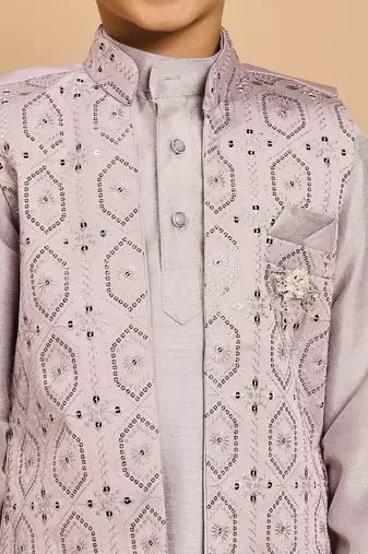 Boys cotton silk geometric sequined embroidered kurta & pyjama set with shrug- lavender