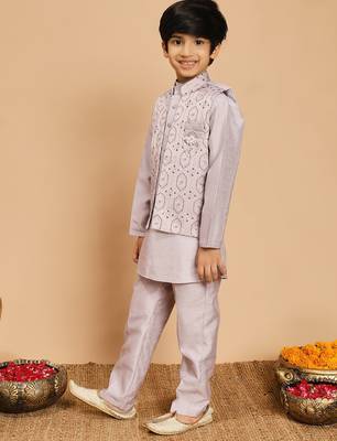 Boys cotton silk geometric sequined embroidered kurta & pyjama set with shrug- lavender 4