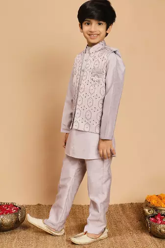 Boys cotton silk geometric sequined embroidered kurta & pyjama set with shrug- lavender