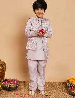 Boys cotton silk geometric sequined embroidered kurta & pyjama set with shrug- lavender 5