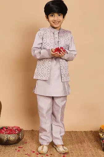 Boys cotton silk geometric sequined embroidered kurta & pyjama set with shrug- lavender