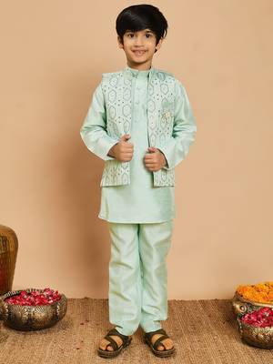 Boys cotton silk geometric sequined embroidered kurta & pyjama set with shrug- aqua blue 1