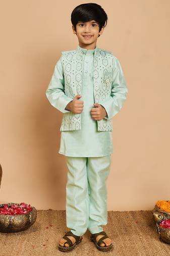 Boys cotton silk geometric sequined embroidered kurta & pyjama set with shrug- aqua blue