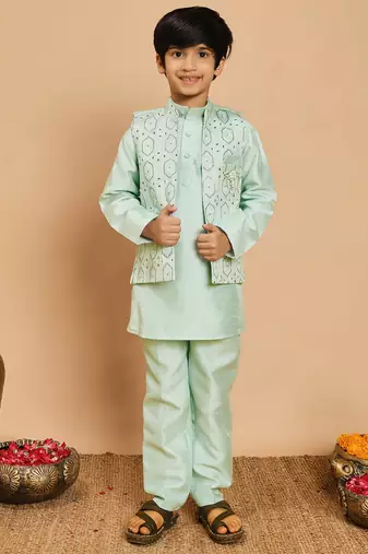 Boys cotton silk geometric sequined embroidered kurta & pyjama set with shrug- aqua blue