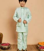 Boys cotton silk geometric sequined embroidered kurta & pyjama set with shrug- aqua blue