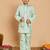 Boys cotton silk geometric sequined embroidered kurta & pyjama set with shrug- aqua blue