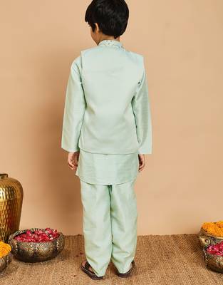 Boys cotton silk geometric sequined embroidered kurta & pyjama set with shrug- aqua blue 2