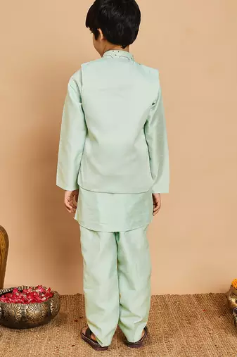Boys cotton silk geometric sequined embroidered kurta & pyjama set with shrug- aqua blue