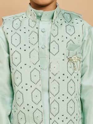 Boys cotton silk geometric sequined embroidered kurta & pyjama set with shrug- aqua blue 3