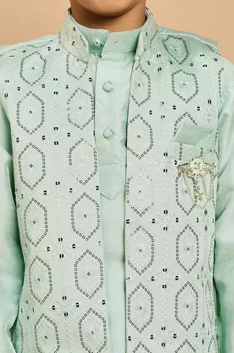 Boys cotton silk geometric sequined embroidered kurta & pyjama set with shrug- aqua blue