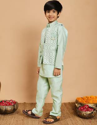 Boys cotton silk geometric sequined embroidered kurta & pyjama set with shrug- aqua blue 4