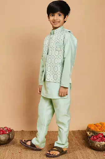 Boys cotton silk geometric sequined embroidered kurta & pyjama set with shrug- aqua blue
