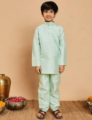 Boys cotton silk geometric sequined embroidered kurta & pyjama set with shrug- aqua blue 5