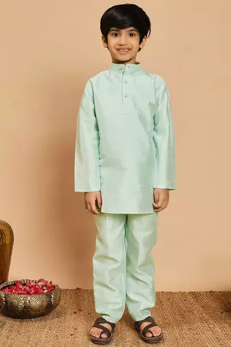 Boys cotton silk geometric sequined embroidered kurta & pyjama set with shrug- aqua blue