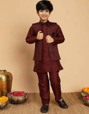 Boys cotton silk geometric sequined embroidered kurta & pyjama set with shrug- wine 1