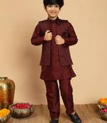 Boys cotton silk geometric sequined embroidered kurta & pyjama set with shrug- wine
