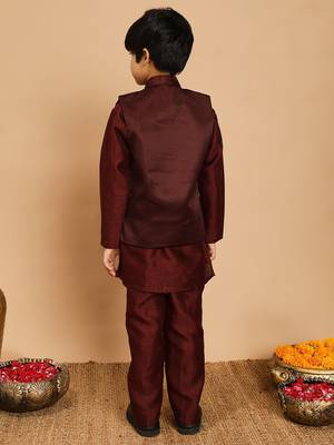 Boys cotton silk geometric sequined embroidered kurta & pyjama set with shrug- wine 2