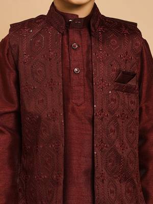 Boys cotton silk geometric sequined embroidered kurta & pyjama set with shrug- wine 3