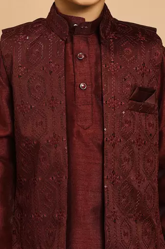 Boys cotton silk geometric sequined embroidered kurta & pyjama set with shrug- wine
