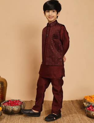 Boys cotton silk geometric sequined embroidered kurta & pyjama set with shrug- wine 4