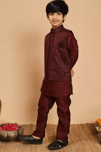 Boys cotton silk geometric sequined embroidered kurta & pyjama set with shrug- wine