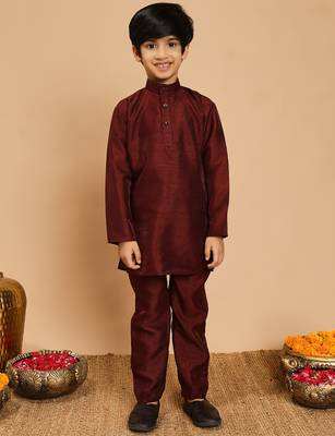 Boys cotton silk geometric sequined embroidered kurta & pyjama set with shrug- wine 5
