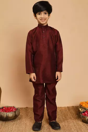 Boys cotton silk geometric sequined embroidered kurta & pyjama set with shrug- wine
