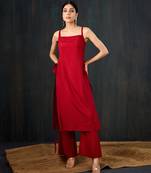 Red plain dola silk kurta set