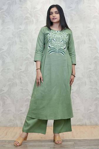 women pure cotton embroidery green kurta with pant
