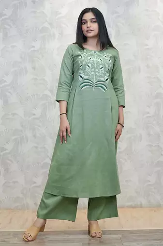 women pure cotton embroidery green kurta with pant