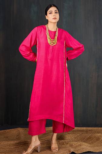 Rani pink plain dola silk kurta set