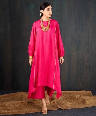 Rani pink plain dola silk kurta set 2
