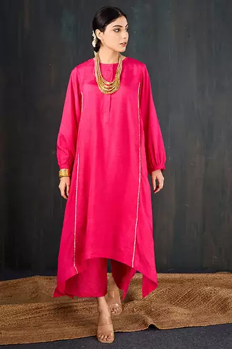 Rani pink plain dola silk kurta set